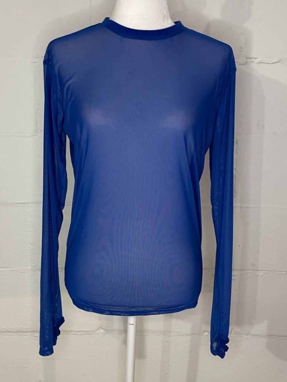 Sheer Long-Sleeve Crewneck Top - Blue